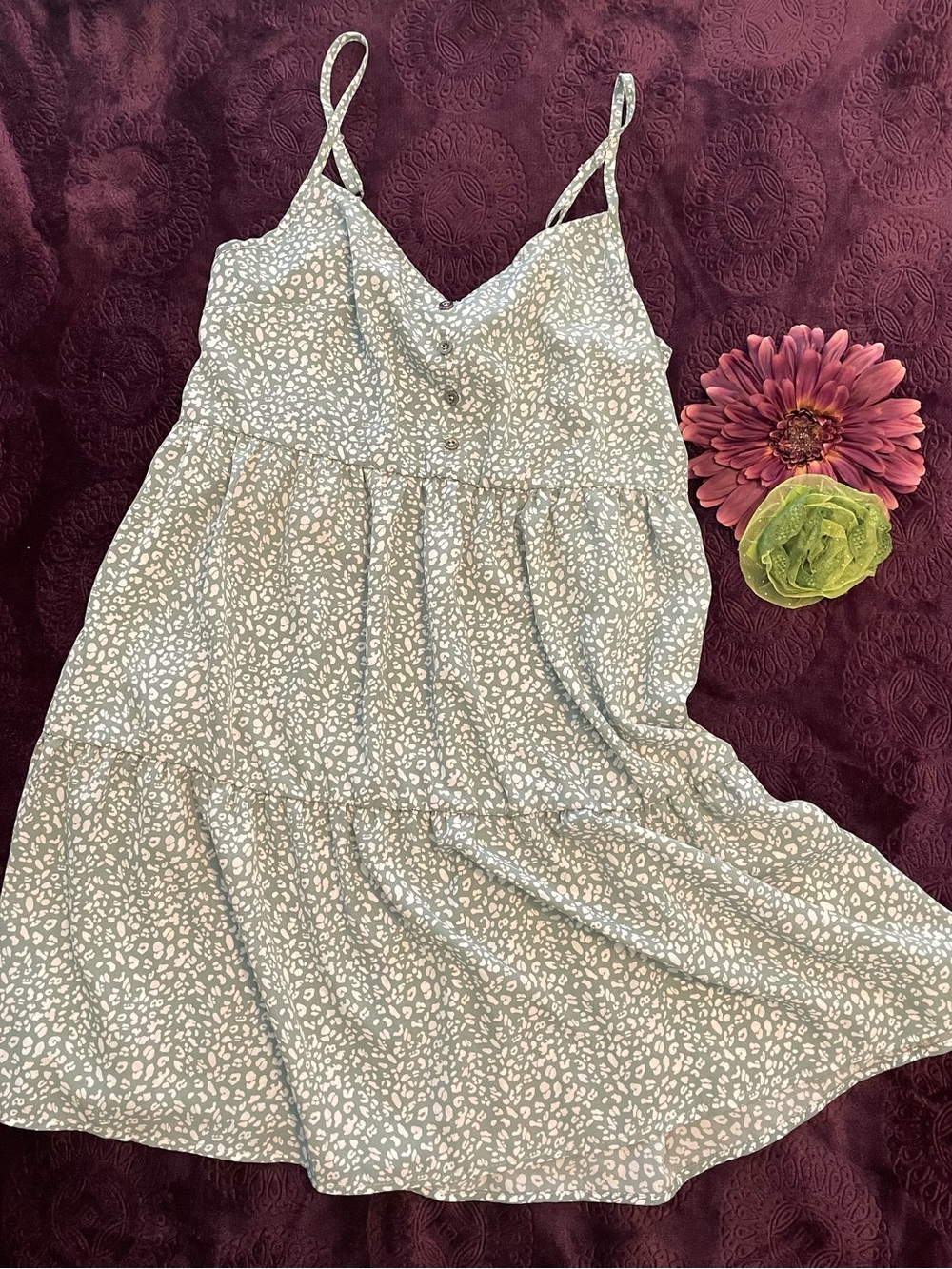 Light Sage and White Spotted Tiered Sundress with Spaghetti Straps Size Small
